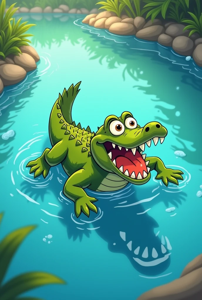 alligator floating in the water, cartoon image.