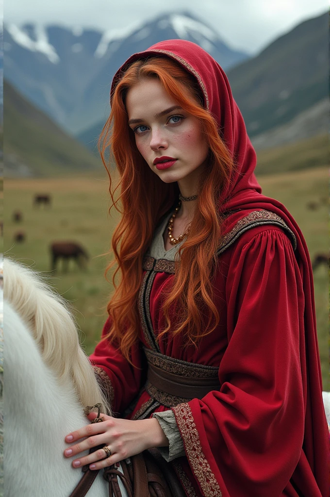 Red-haired woman in medieval clothing with a red cloth on her head with purple eyes and mouth with very red lipstick riding a white horse in a mountain-style field