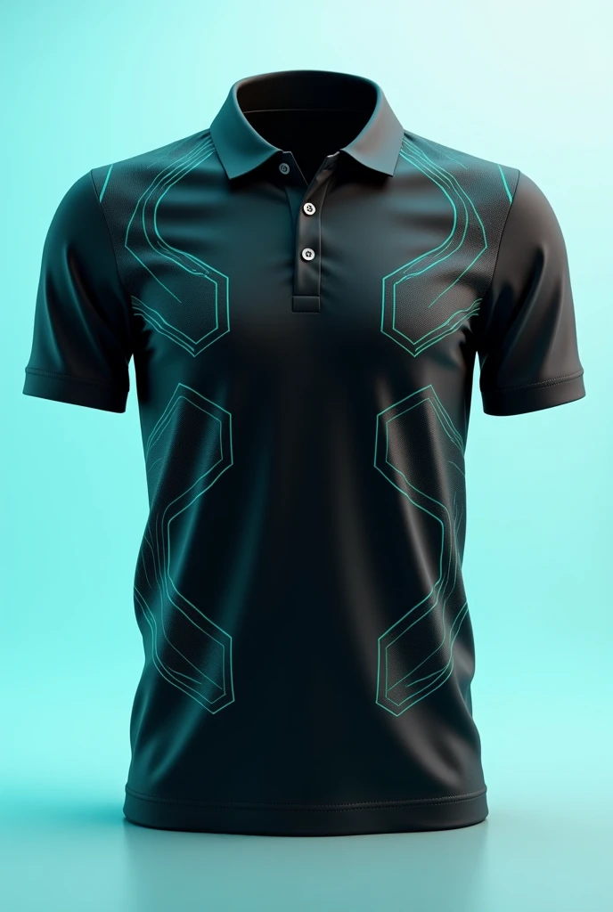 Buttonless polo shirt in black and turquoise with interface designs