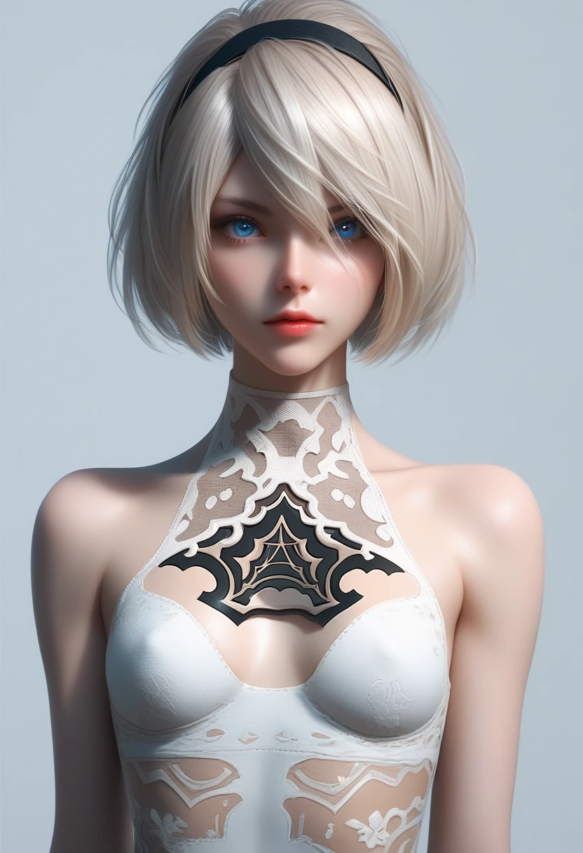 score_9, score_8_up, score_7_up,source_anime, high res image,masterpiece,best quality
BREAK {solo, (2B of Nier_Automa:1.4)), (slender body,small breasts),(lightbrown_lightwhite colored hair:1.4, short cut hair), (medium mouth:1.2),(narrow and sharp eyes:1.4,blue-glay eyes),(black hairband:1.4)
BREAK simple_background,cleavage