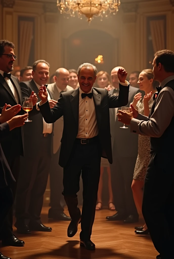 Des images réalistes, plus précises. président Algérien Tebboune danse lors d'une fête. Les gens applaudissent et dansent. Il a un verre de whisky à la main. L'éclairage est faible.