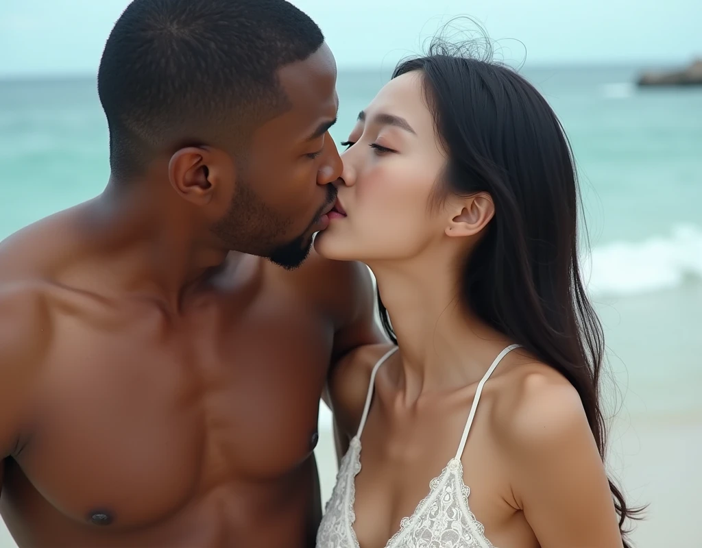 black man licks korean girl nipples again naked on the beach