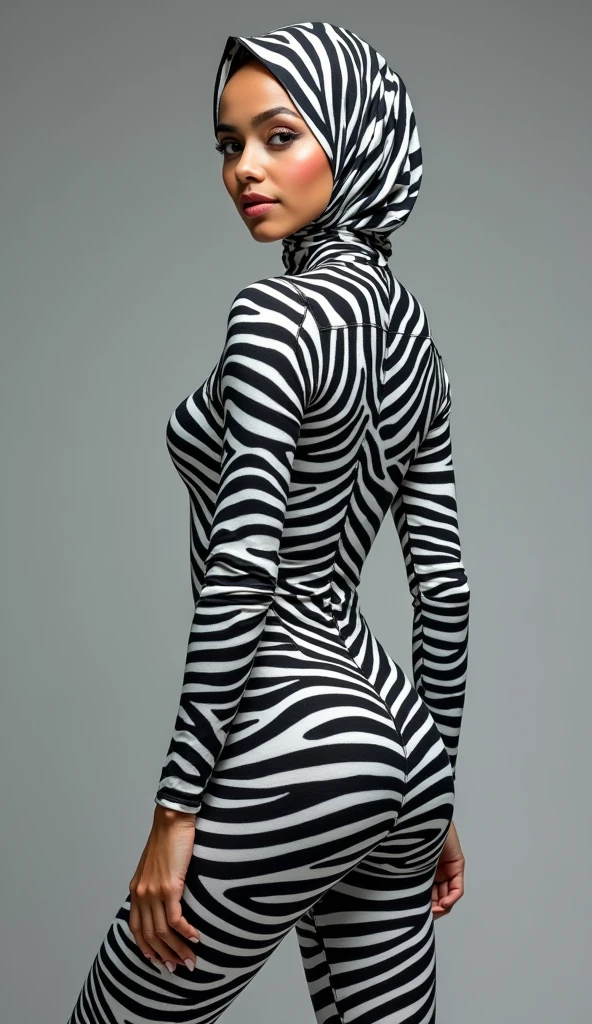 The beautiful,thin and clever Malaysian muslimah adult girl with beautiful cheeks wears zebra print lycra footed turtleneck unitard catsuit covered with stripes and zebra print lycra elastane stretchy dancewear square hijab covered with stripes.She puts zebra stripes as makeup on the face.