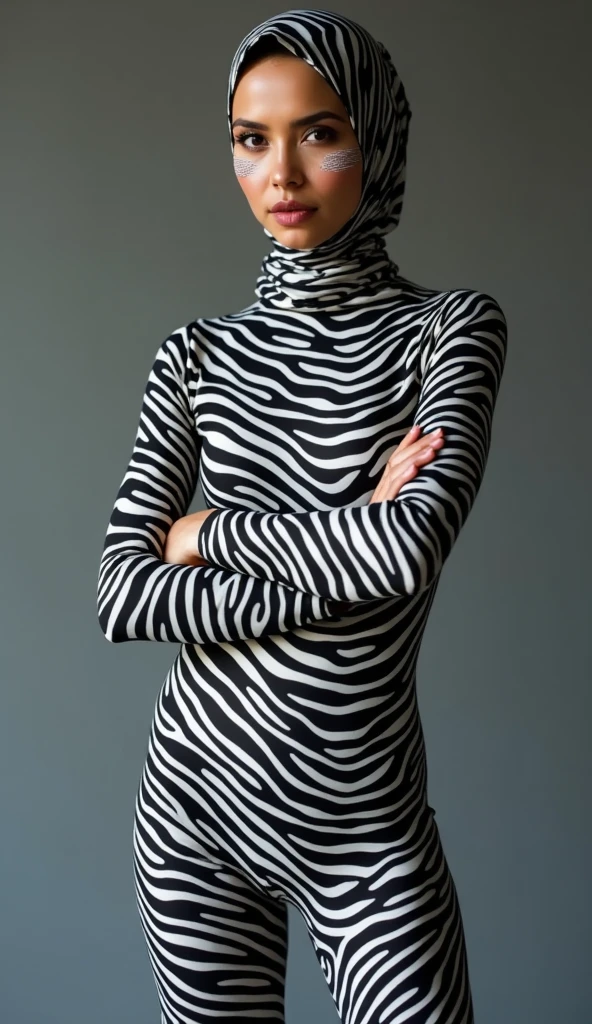 The beautiful,thin and clever Malaysian muslimah adult girl with beautiful cheeks wears zebra print lycra footed turtleneck unitard catsuit covered with stripes and zebra print lycra elastane stretchy dancewear square hijab covered with stripes.She puts zebra stripes as makeup on the face.