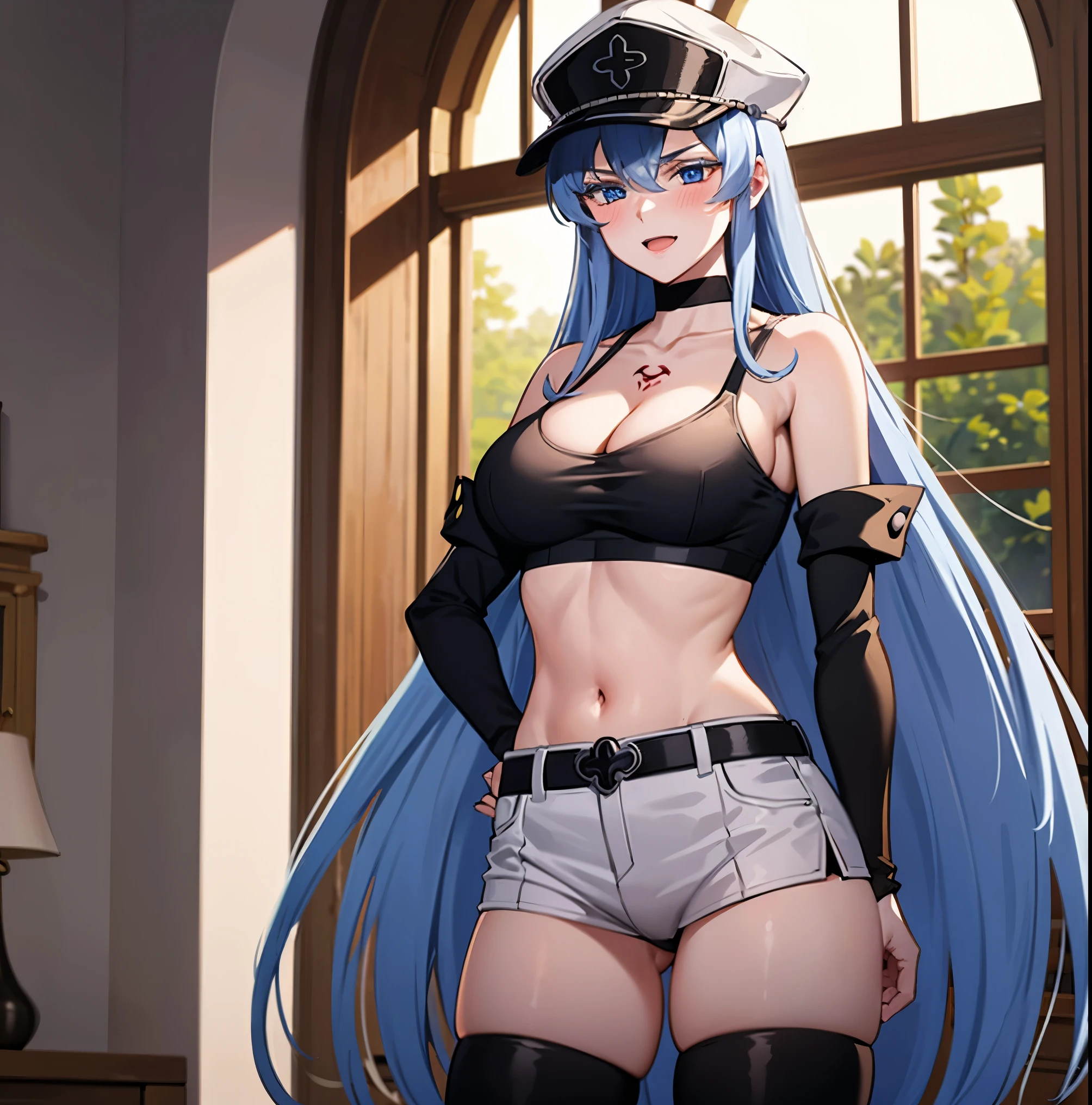 ((1girl)),((alone)), esdeath,(masterpiece), (best quality), (ultra detailed), (best illustration), (best shadow), (absurdities), sharp focus, cowboy photo, looking at viewer, big breasts, narrow waist, wide hips, medium thighs, round butt, dynamic posture, long hair, blue hair, blue eyes, high thighs, solo, very long hair, cleavage, chest tattoo, big breasts, choker , blue short jacket, open jacket, white sports bra, bare shoulders, cleavage, clavicle, black yoga pants, thigh slit, thick thighs, exposed waist, navel, tight pants, white peaked cap, military cap, white fur , smile, seductive smile, closed mouth, serious expression, (sexy pose: 1.2), ((alone)), standing: 1.3, Interior, castle, window, night, medieval landscape, looking forward, ((focusing on the waist)), point of view (from the middle), red blush, perfect anatomy, perfect hands.