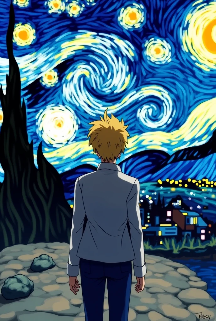 Ryusui Nanami wallpaper from doctor stone with his back turned with Van Gogh's starry night in the background