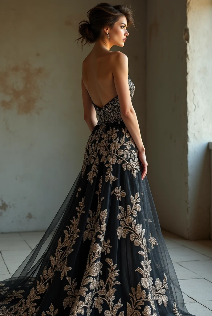 Woman model with hairstyle wearing long party dress with shiny embroidery.  Show her whole body. 