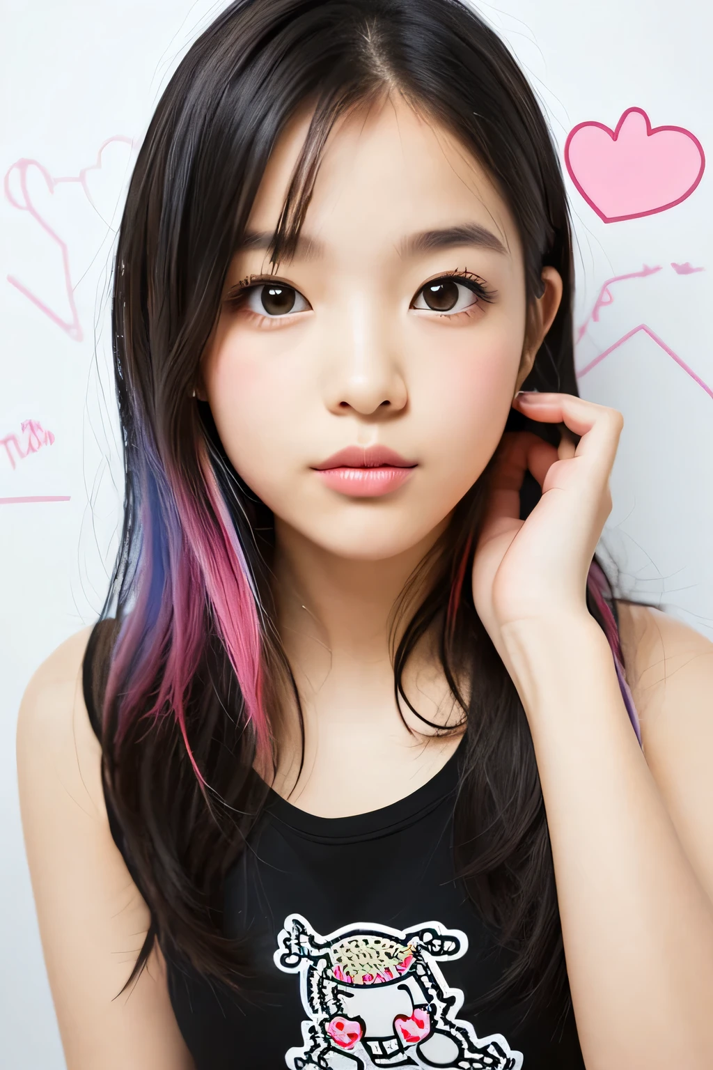 Keith Haring colorful style, Simple Line Initialism,Abstract art,(((The most beautiful girl of all time))), Sweet face. Lips in love, colorful hearts, stylish design, 夏のオシャレなTシャツ, 黒い瞳, walking, Paris