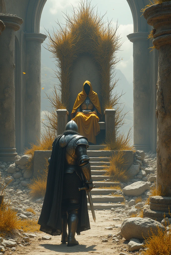The knight, wearing silver dragon armor and holding a sword, walks towards a throne full of thorns.,The thorns shine with golden light,On the throne sat a pagan in a hood and golden garments.,The entire palace was in pieces.