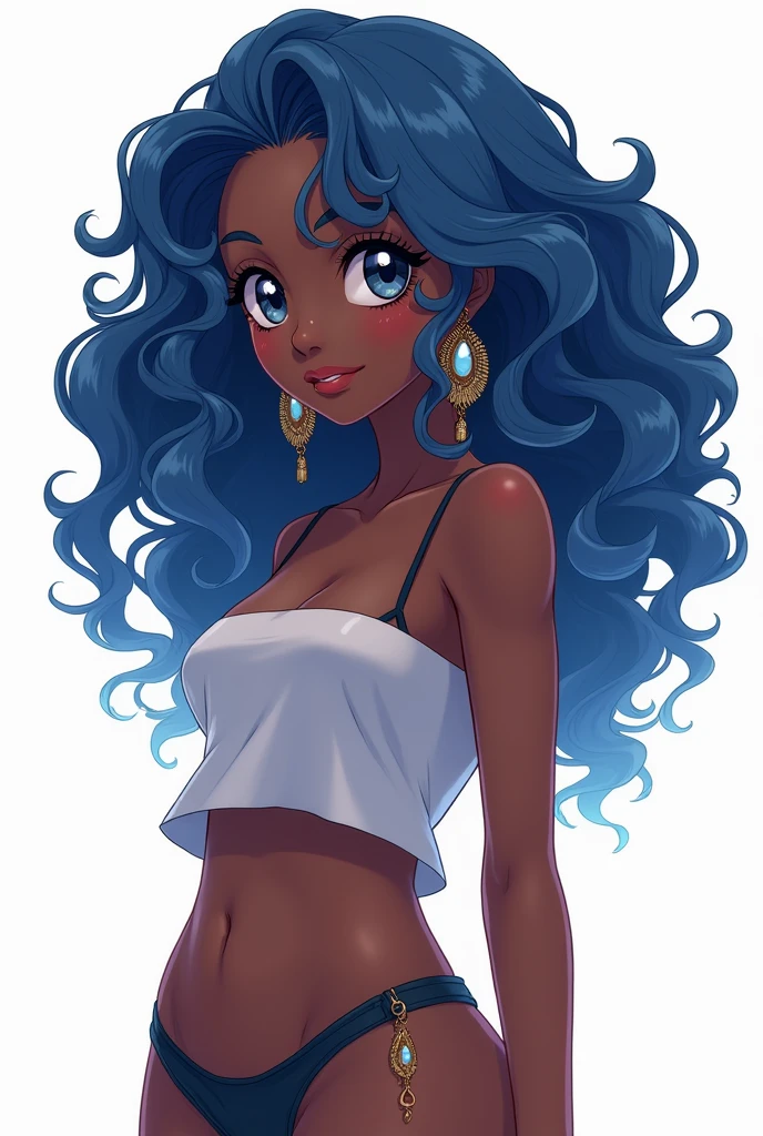 anime girl with black skin and blue curly hair, full body from head to toe, 耳环, 3 d image, image background white
