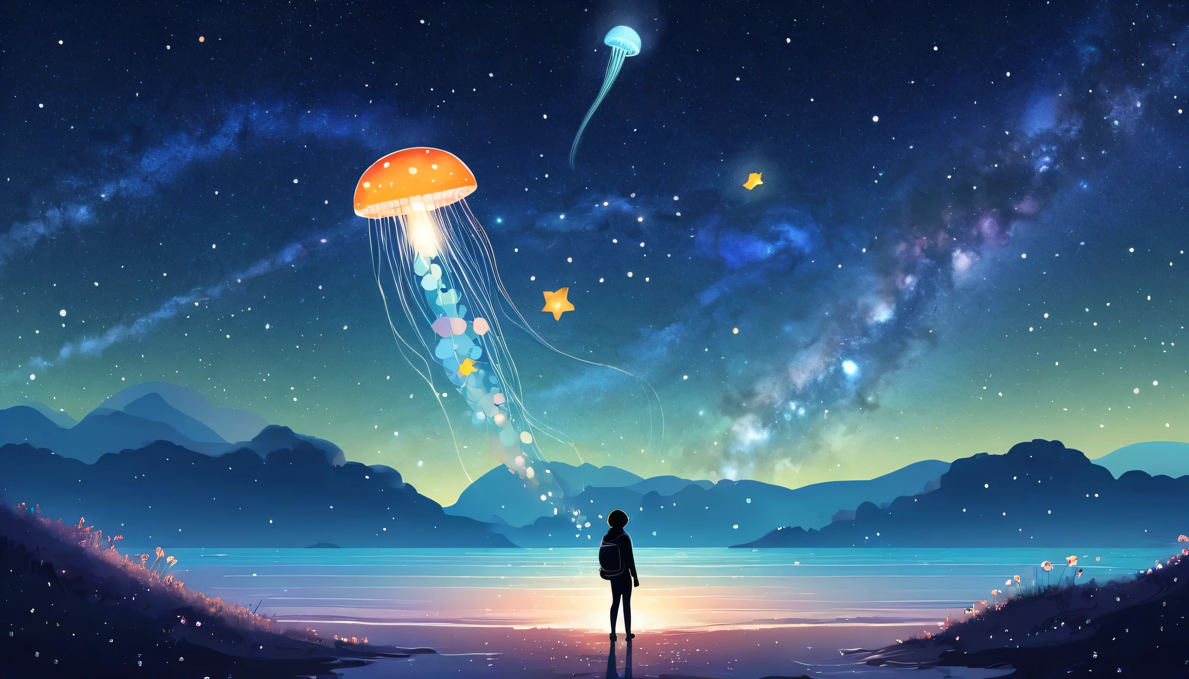 Milky Way, rocket, jellyfish, shooting star, Cute art. Little, Digital Art. Pleasant tranquility, more