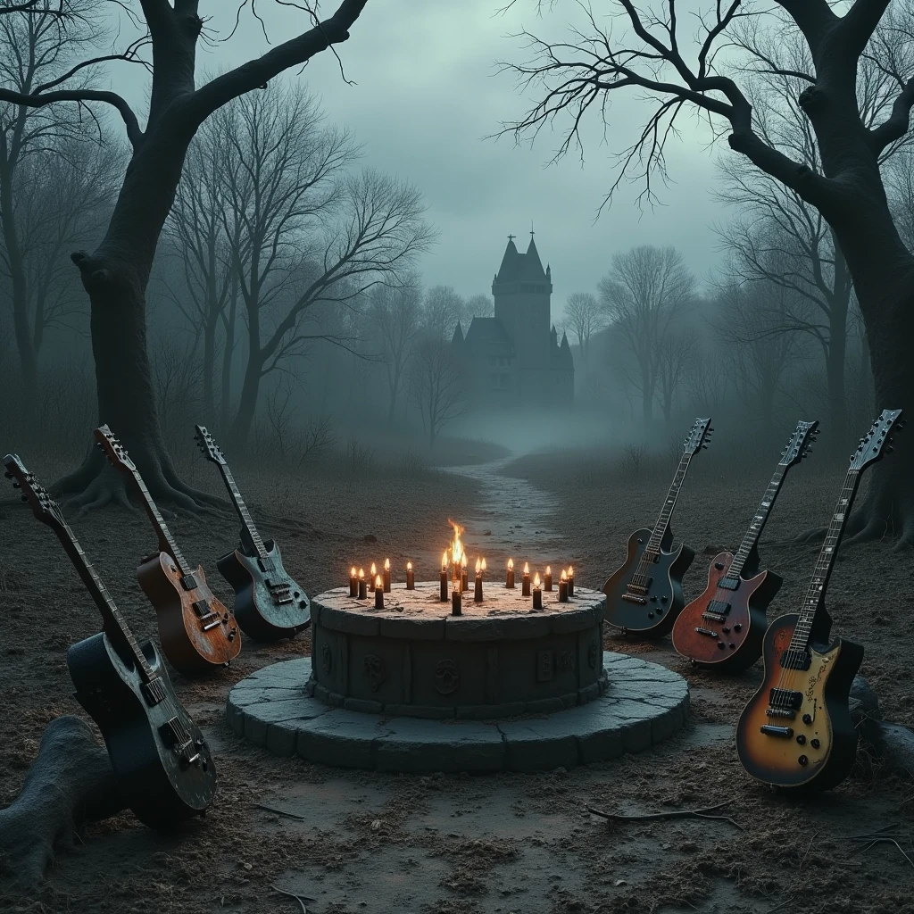A dark and desolate forest, with bare, twisted trees reaching up into a grey, stormy sky. In the middle, a stone altar covered with black candles and occult symbols, surrounded by broken and rusty musical instruments, like guitars and drums. The ground is dry and rotten , and there is a feeling of cold and desolation in the air. At the bottom, A castle in ruins. The atmosphere is gloomy, cold and aggressive, evoking the feeling of darkness and rebellion that the guitars have a board like the Ouija and that the focus of your attention is on the instruments, in the center of the image and that stand out more than the background