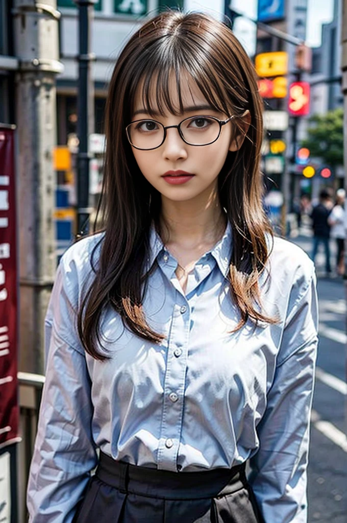 Photo of a beautiful woman standing on a street corner, (masterpiece:1.2, highest quality), (Realistic, photoRealistic:1.4), Beautiful illustrations, (Natural Side Lighting, Cinema Lighting), Written boundary depth, Beautiful thighs staring at the viewer, (((Face Focus, Upper Body))), 1 female, 30-year-old, alone, thin, slender, small breasts!!!, Loose curly hair, Bedhead, Forehead, thin, slender, (((glasses))), White blouse with formal collar, Skinny black pants, Are standing, New York 25th Street, (((japanese))), portrait