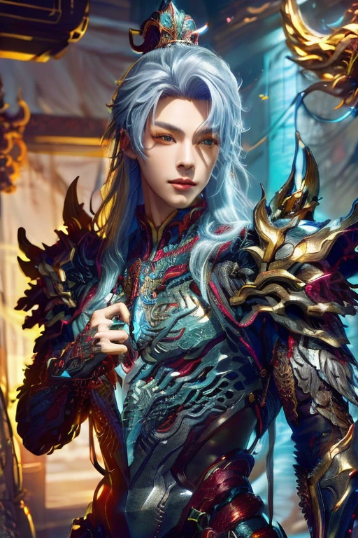 (Best Quality, 8K, Masterpiece, HDR, Soft Lighting, Picture Perfect, Realistic, Vivid), Male Humanoid Dragon (1.0),,chinese typical face, 1 Guy, (((male))),red sensual lips, Perfect Face, Super Detailed Photo of a Magnificent Humanoid Dragon man with long silver hair, Beautiful anime fantasy, background blur, anime fantasy, Gouves style work, realistic: 1.37, long silver hair, full lips, (((Curvy guy))), (Ultra high quality fantasy art) , Masterpiece , male model, ultra high quality male character designs, detailed 8k anime art, realistic anime art, highest quality wallpapers, intricate ultra high quality accurate male characters faces, high quality design and accurate physics (fantasy - ultra high quality) art) , dark xianxia fantasy style), masterpieces, super high-quality characters, anime resolution - 8K, realistic anime art, wallpapers with the highest quality illustrations, ultra-high detail of faces, high-quality design and accurate physics), color, depth of field, shadows, ray tracing, high quality execution. -high quality and 8K resolution, (Accurate simulation of the interaction of light and materials)], [High-quality hair detail [Read more about beautiful and shiny white hair]], (Beautifully detailed hands [perfect fingers [Perfect nails]]], (perfect ??????? ( perfect proportions)))) [[Full height]], [Perfect combination of colors (Accurate imitation of the interaction of light and material)], [art that conveys the meaning of the story](modified)