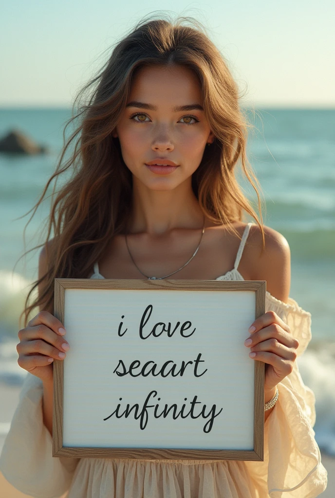 Beautiful girl with wavy long hair, bohemian dress, holding a white board with text "I Love Seaart Infinity" and showing it to the viewer