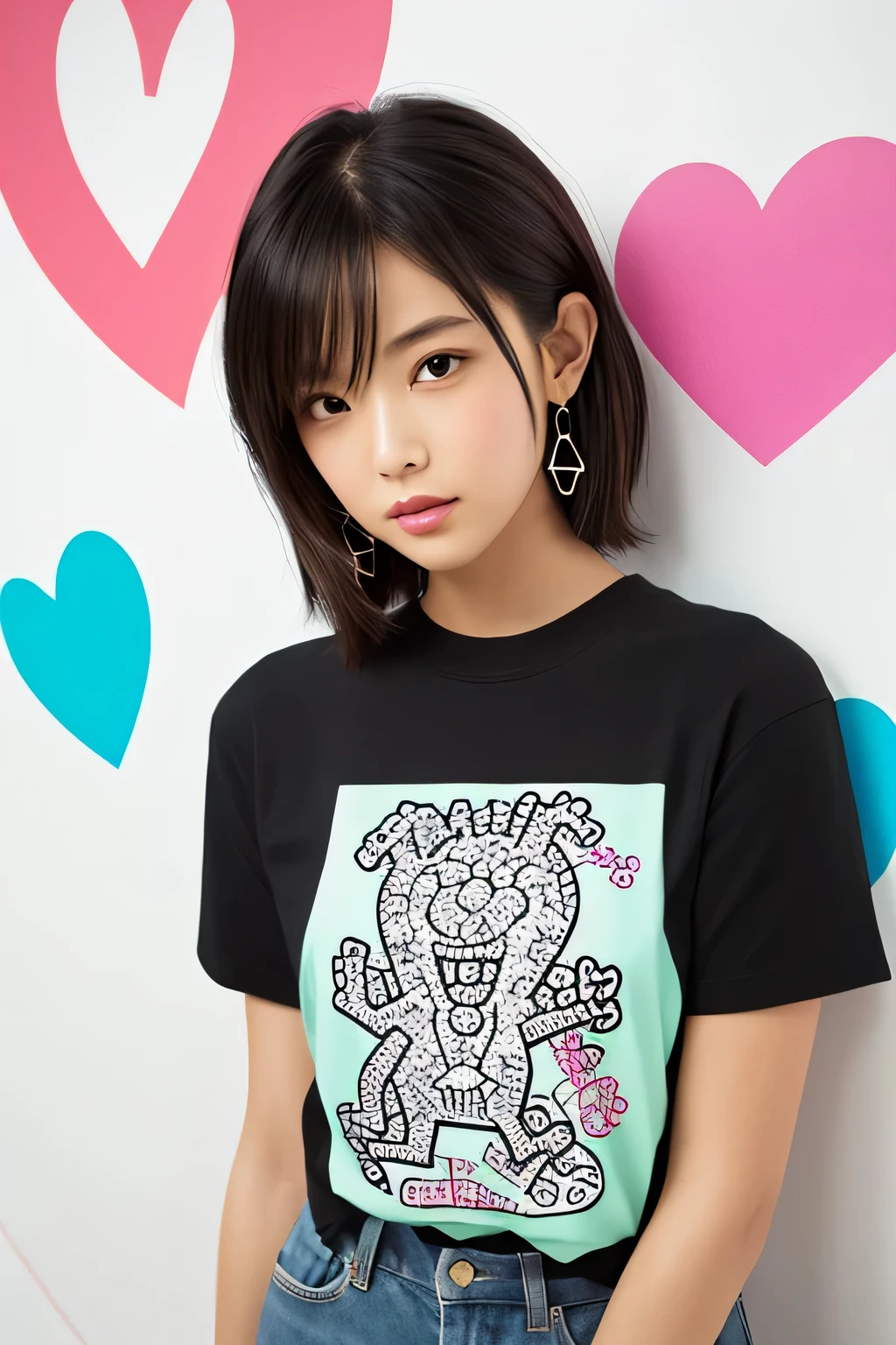 Keith Haring colorful style, Simple Line Initialism，Abstract art，(((The most beautiful girl of all time))), Sweet face. Lips in love, colorful hearts, stylish design, 夏のオシャレなTシャツ, 黒い瞳, walking, Paris