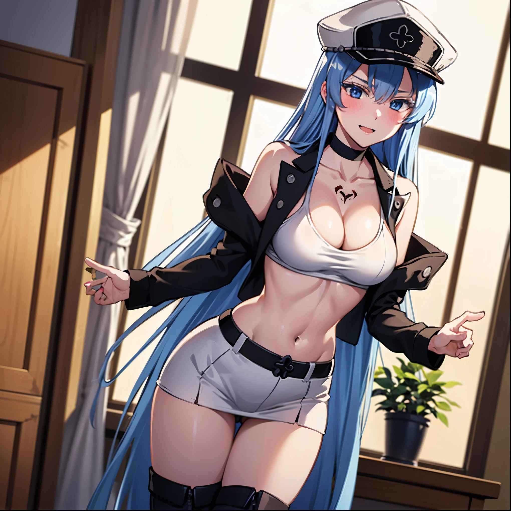 ((1girl)),((alone)), esdeath,(masterpiece), (best quality), (ultra detailed), (best illustration), (best shadow), (absurdities), sharp focus, cowboy photo, looking at viewer, big breasts, narrow waist, wide hips, medium thighs, round butt, dynamic posture, long hair, blue hair, blue eyes, high thighs, solo, very long hair, cleavage, chest tattoo, big breasts, choker , blue short jacket, open jacket, white sports bra, bare shoulders, neckline, clavicle, black yoga pants, thigh slit, thick thighs, bare waist, navel, tight pants, white visor cap, military cap, white fur , smile, seductive smile, closed mouth, serious expression, (sexy pose: 1.2), ((alone)), standing: 1.3, Interior, castle, window, night, medieval landscape, looking forward,((focus on the breasts), point of view (from middle), red blush, perfect anatomy, perfect hands.