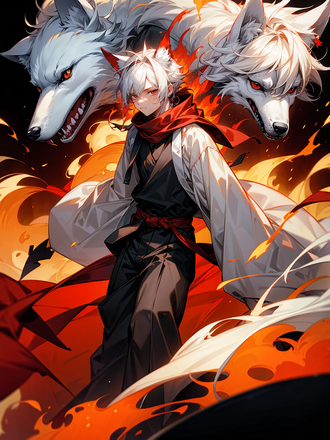 1male, Adult, Long White Hair, White Baggy Long Sleeve Shirt, Baggy Black Pants, Red Eyes, Red Scarf, Earring, Masculine, Dog Ears, Surrounded By Flames, Wolf, Single Hair Braid