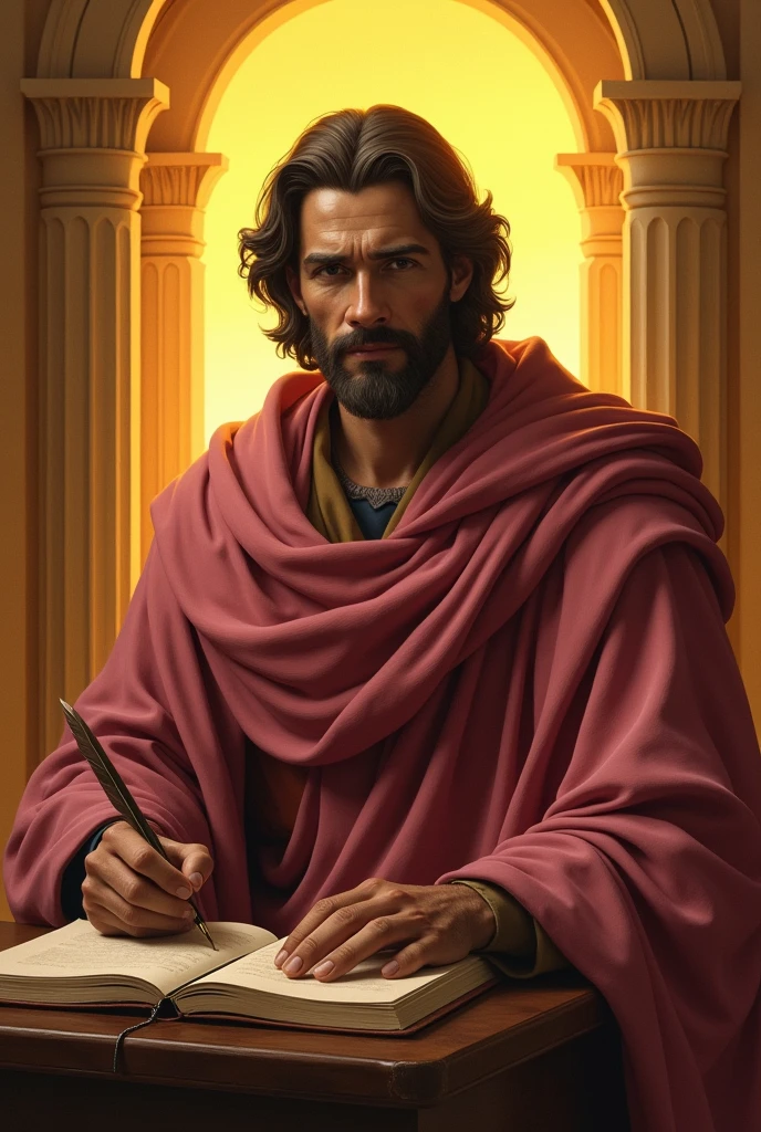Image of the apostle Saint Matthew, de corpo inteiro, with pinkish red cloak, writing with a quill pen in a notebook, a golden wall in the background.