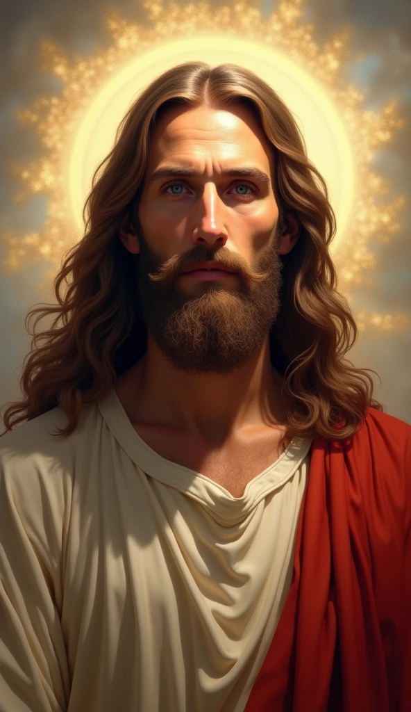 Arafed's image of a man with long hair and beard., portrait of Jesus Christ, Jesus Christ, Greg Olsen, Jesus of Nazareth, painted in high resolution, the lord and savior, Jon McNaughton, 8k resolution. oil on canvas, face of jesus, religious masterpiece portrait, ultra detail. Digital paint, dressed as Jesus Christ, very beautiful portrait, heavenly background