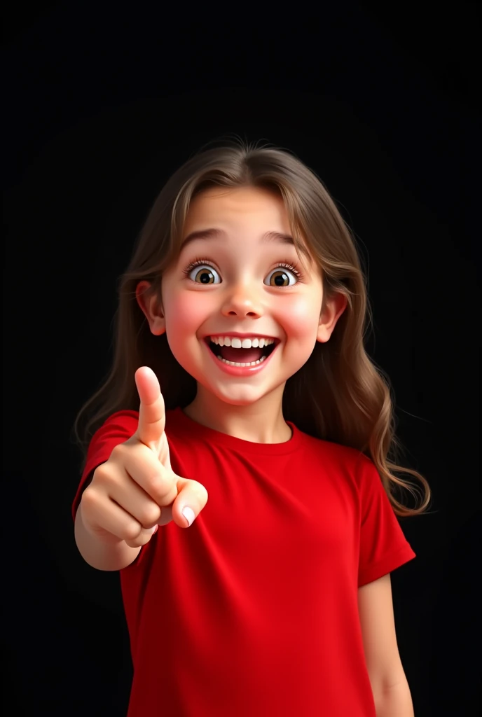 A young girl with a big smile on her face. She is wearing a red t-shirt and is pointing his finger towards camera. The background is black.