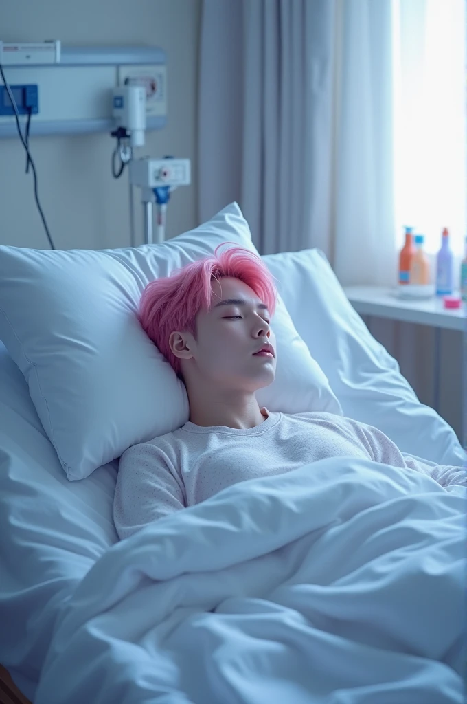 BTS's Jimin lying on a sick bed with pink hair