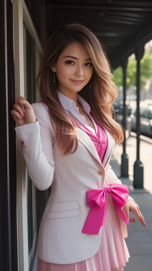 best qualityer, 8k Beautiful woman, beautiful hair.
This woman is wearing a pink blazer, white blouse underneath.
In one hand she holds a very pretty pink bow., She has her hand stretched out towards the camera showing the bow and in her other hand she has a tape measure. 
The scenery is white in color.
IT IS CENTRALIZED, looking at the camera and smiling.