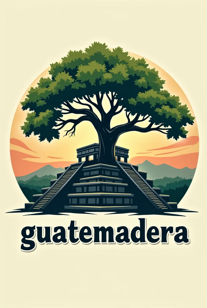 Create a company logo based on a tree and the Mayan ruins of the great jaguar in the background, and surround it with some letters and say Guatemadera
