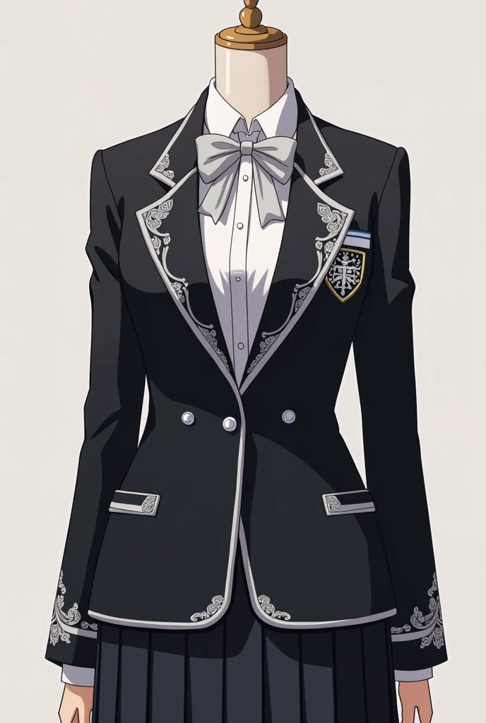 anime school uniform for girls
Blouse:
The uniform blouse is a central piece that defines the elegant style of the students. Made of high-quality satin or silk, the blouse has a high collar that closes with a silver satin ribbon tied in a delicate bow, adding a touch of femininity and refinement. The long, puffed sleeves are fitted at the cuffs, which are finished with silver buttons, giving it an air of sophistication. The blouse is fitted at the waist, creating a graceful silhouette, while a slight flare at the bottom provides comfort without sacrificing style. Silver embroidery details the collar and cuffs, highlighting the contrast between the black of the fabric and the shine of the silver.
Blazer:
The blazer, made of black velvet or lightweight wool, complements the blouse with its fitted silhouette and elegant cut. This blazer is short, with a high waistline that enhances the students' figure, and has a slight train in the back that extends to mid-thigh, adding a touch of formality and grace. The wide, rounded lapels are adorned with silver embroidery that creates geometric or floral patterns, reflecting the richness and attention to detail that characterizes the uniform. On the left chest, the Solaria emblem is embroidered in silver, symbolizing the honor and identity of the school. The silver buttons on the blazer are decorative and functional, with embossing that matches the details of the rest of the uniform. The lining of the blazer, in silver satin, adds a touch of luxury and contrast when the garment is open.
Skirt:
The pleated skirt of the uniform is designed to fall just above the knee, maintaining the modesty required by the school, while allowing for graceful movement. Made from the same high-quality black fabric, the skirt is adorned with a silver stripe at the hem or with subtle silver embroidery, which complements the details of the blazer and blouse. The combination of colors and the pleated design create an elegant look that is both traditi