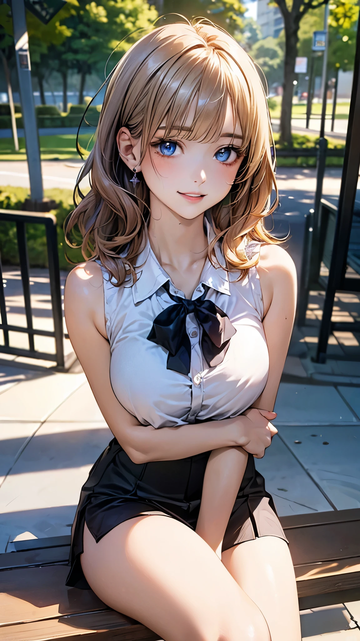 8K、超A high resolution、Top image quality、​masterpiece、A hyper-realistic、a picture、女の子1人、(sixteen years old:1.3)、Cute little girl s、cute  face、beautiful detail、(School Girl)、(Summer Uniforms:1.5)、(Medium big breasts:1.2)、((radiant eyes))、