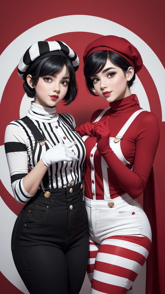 Two (((curvy))) female Mime(((characters))) stood side by side, dressed in (((classic))) mime attire. These identical (((twins))) flaunted short black hair, each sporting a (((black))) beret, black-and-white striped shirts, and black overalls with buttons. A (((striking))) red scarf adorned their necks, while ((matching)) red gloves hugged theirhands. Their expressiveness was enhanced with ((delightful)) star and heart symbols decorating their cheeks, contributing to their (((playful))) and (((charming))) demeanor. Posing confidently, one character slightly raised a hand, evoking a sense of synchronized ((movement)) and (((charm))). The color scheme consisted predominantly of ((bold)) black, ((classic)) white, and (((vibrant))) red.