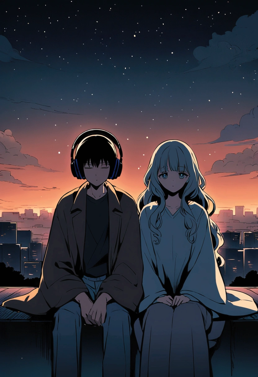 Pale-colored city Anime style illustration of a sitting girl and boy. he長い間, She has light wavy hair and is wearing headphones. he、Dressed casually with a dark shirt and loose coat over his clothing。. Road in the background Beautifully drawn, With minimalist lines. The overall color scheme is soft and dark., Gives the image a calm and relaxing feel."Night Sky