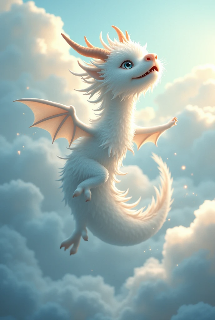 masterpiece, Highest quality,Japan Dragon God、white dragon、Rin々A funny expression、With fluffy fur。Its face is facing upwards and it is flying towards the sky。The background is a sea of clouds。No wings、Sparkling and kind eyes、The whole body is visible、Long and slender body