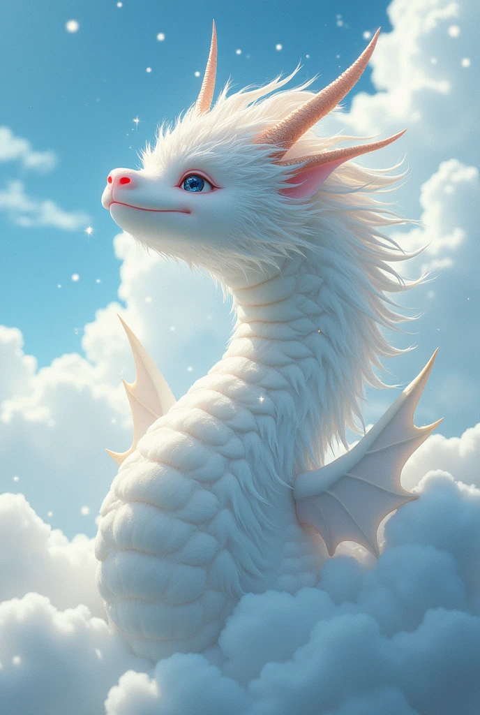 masterpiece, Highest quality,Japan Dragon God、white dragon、Rin々A funny expression、With fluffy fur。Its face is facing upwards and it is flying towards the sky。The background is a sea of clouds。No wings、Sparkling and kind eyes、The whole body is visible、Long and slender body