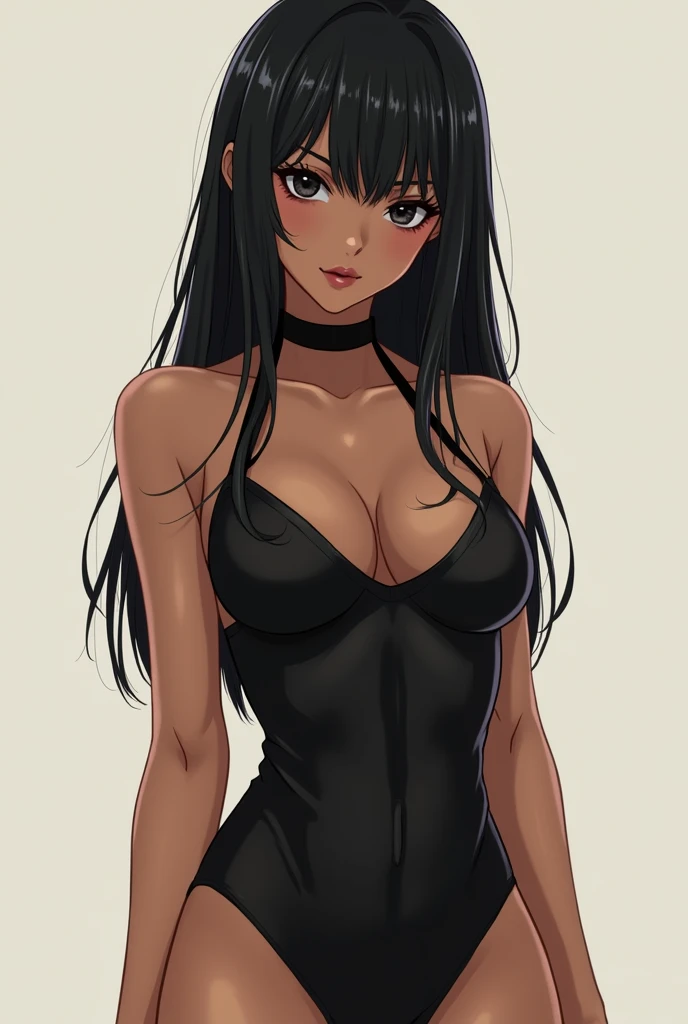 Anime girl with long straight black hair, big round black eyes, Brown skin, and tight clothing