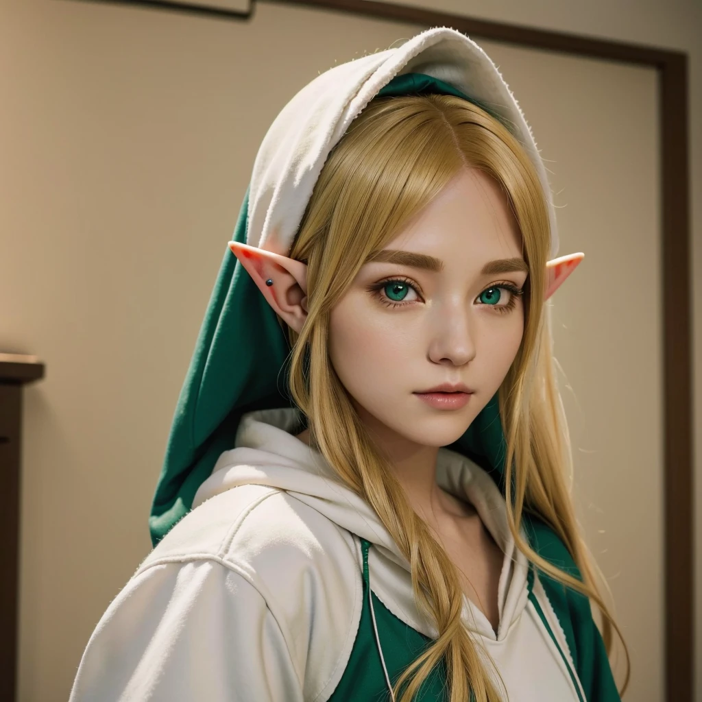 A blonde with elf ears and a green hoodie poses for a photo, a Elf portrait, Elf Girl, Elf portrait, professional Cosplay, realistic Cosplay, とても美しいElf portrait, portrait of a young elf wizard, Cosplay photo, Elf Princess, anime Cosplay, Cosplay, Female Elf, From The Legend of Zelda, She has elven ears and golden eyes