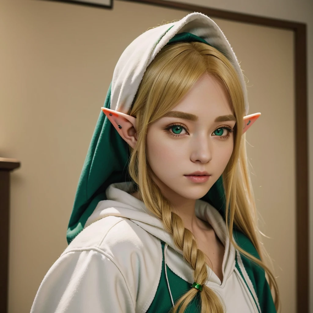 A blonde with elf ears and a green hoodie poses for a photo, a Elf portrait, Elf Girl, Elf portrait, professional Cosplay, realistic Cosplay, とても美しいElf portrait, portrait of a young elf wizard, Cosplay photo, Elf Princess, anime Cosplay, Cosplay, Female Elf, From The Legend of Zelda, She has elven ears and golden eyes