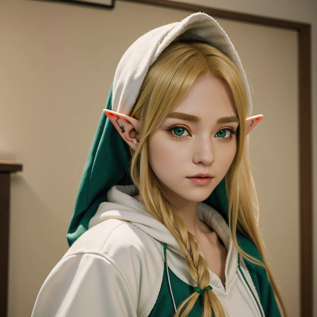 A blonde with elf ears and a green hoodie poses for a photo, a Elf portrait, Elf Girl, Elf portrait, professional Cosplay, realistic Cosplay, とても美しいElf portrait, portrait of a young elf wizard, Cosplay photo, Elf Princess, anime Cosplay, Cosplay, Female Elf, From The Legend of Zelda, She has elven ears and golden eyes