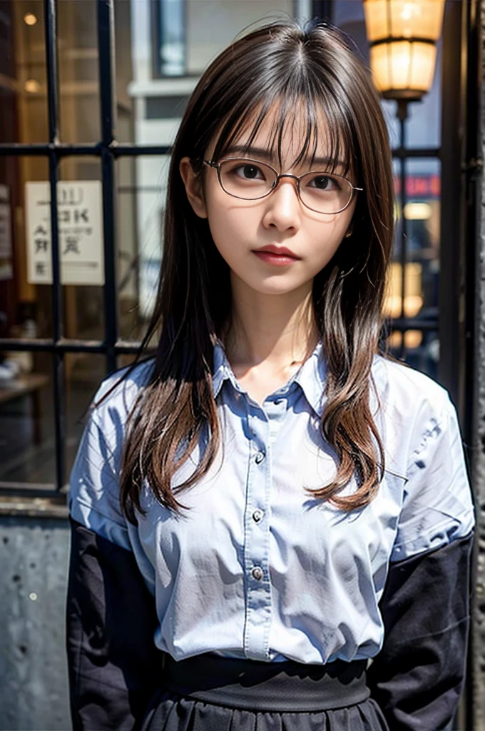Photo of a beautiful woman standing on a street corner, (masterpiece:1.2, highest quality), (Realistic, photoRealistic:1.4), Beautiful illustrations, (Natural Side Lighting, Cinema Lighting), Written boundary depth, Beautiful thighs staring at the viewer, (((Face Focus, Upper Body))), 1 female, 30-year-old, alone, thin, slender, small breasts!!!, Loose curly hair, Bedhead, Forehead, thin, slender, (((glasses))), White blouse with formal collar, Skinny black pants, Are standing, New York 25th Street, (((japanese))), portrait