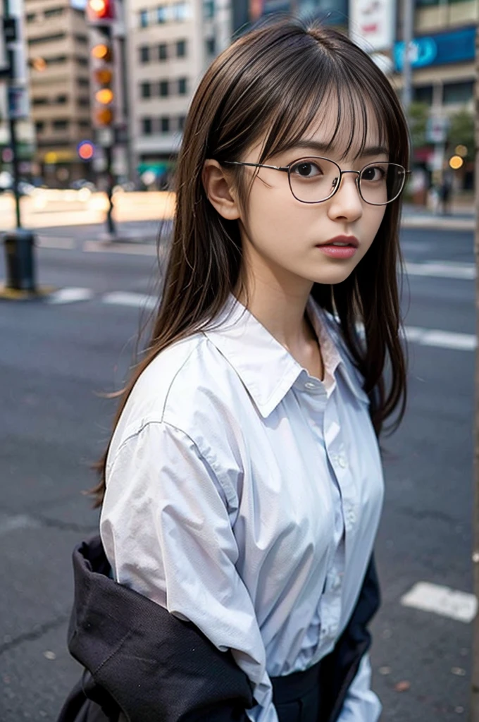 Photo of a beautiful woman standing on a street corner, (masterpiece:1.2, highest quality), (Realistic, photoRealistic:1.4), Beautiful illustrations, (Natural Side Lighting, Cinema Lighting), Written boundary depth, Beautiful thighs staring at the viewer, (((Face Focus, Upper Body))), 1 female, 30-year-old, alone, thin, slender, small breasts!!!, Loose curly hair, Bedhead, Forehead, thin, slender, (((glasses))), White blouse with formal collar, Skinny black pants, Are standing, New York 25th Street, (((japanese))), portrait
