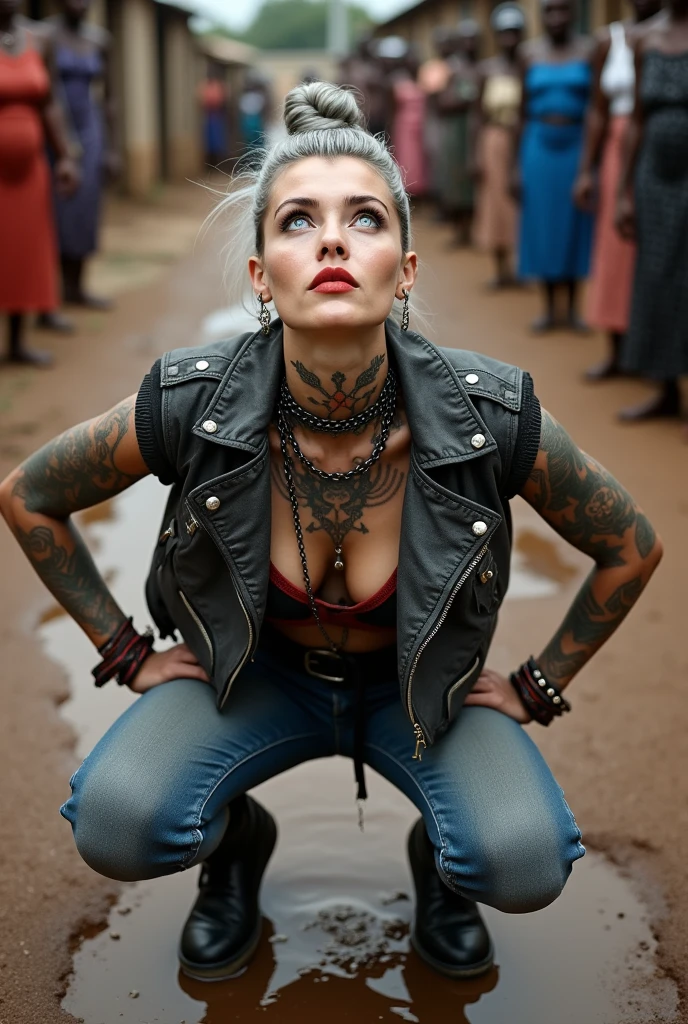russian milf woman, grey  hair  (top bun, shaved sides), colourful bandana as headband, with very light blue eyes, extremely pale skin. Wearing cropped aged black moto jacket with lots of zippers and pins, flipped up collar. Worn skinny dark low rise blue jeans with patches, wet knees. Black and red tight push up bra, Dirty White tennis sneakers, with bracelets around ankles. Chain around hips like belts. Dirty knees, dirty feet and muddy hands. Wide studded belt. Lots of metallic bracelets, lots of boho pendants and lots of colourful beads collars.. Chains around the hips. Squatting on a puddle with hands on her hips, looking up, chin up, stretching her neck , needy facial expression. Both hands caressing her long neck. Bracelets in ankles and rings in fingers. Black nail polish. studded black leather tote bag with chain on the floor, next to her.. Listening looking up in amazement to somebody speaking to her from the sky, upper teeth visible. Well toned abdominals, thin neck, slim legs and thin arms. Narrow hips Cleavage, stomach, neck, tigh and hands completely covered with tattoos. Dirt street in Kenyan village full of waste. A lot of tanned fat women  in traditional dresses around looking at her. next to her, all her belongings scattered on the floor: tobacco packs, makeup kit, little makeup mirror, studded black leather tote bag, lipstick, wallet, moble etc on the floor, point of view; from above