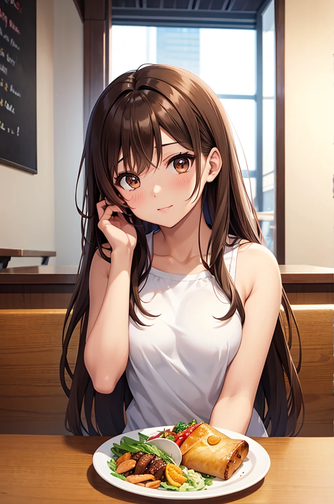 Rent-A-Girlfriend Mizuhara Chizuru Long straight hair with the ends slightly curled inwards and some of the sides braided　Bangs are long enough to cover the eyes, hair color is dark brown, eyes are large and round, and the color is light brown.　Gentle eyes　Sparkling Sparkle 　A bright and friendly smile, but a little embarrassed　Casual and neat fashion　White or light-colored tops　knee-length skirt　A clean, university student-like style; small, simple earrings and a thin chain necklace; a shapely figure with a large bust; a slightly shy, gazing pose; a natural, muted color palette　Penis wrapped in boobs, blowjob, cum in mouth