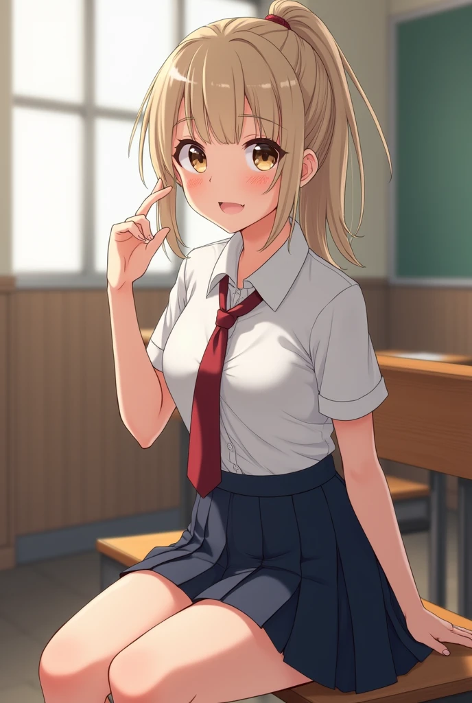 blonde　ponytail　red eyes　one girl　high school girl　uniform　chest is small　school classroom　smile