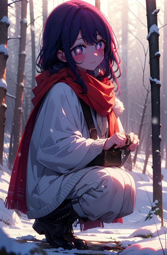aihoshino, Ai Hoshino, Long Hair, bangs, (Purple eyes:1.1), Purple Hair, (Symbol-shaped pupil:1.5), smile,,smile,blush,white breath,
Open your mouth,snow,Ground bonfire, Outdoor, boots, snowing, From the side, wood, suitcase, Cape, Blurred, , forest, White handbag, nature, Squat, Mouth closed, Cape, winter, Written boundary depth, Black shoes, red Cape break looking at viewer, Upper Body, whole body, break Outdoor, forest, nature, break (masterpiece:1.2), Highest quality, High resolution, unity 8k wallpaper, (shape:0.8), (Beautiful and beautiful eyes:1.6), Highly detailed face, Perfect lighting, Highly detailed CG, (Perfect hands, Perfect Anatomy),