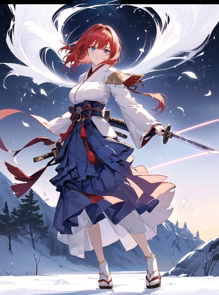 Woman stepping forward with sword in snow, Female Action Anime Girl, anime wallpaper 4k, anime wallpaper 4k, Anime Style 4k,, Amazing anime 8k, Female Anime Characters, Female protagonist đ :8. Highest QualityăHigh resolutionă8kămasterpieceă((Anime Style))ă Vibrant colorsăWorld-class professional animatorsă ïŒBeautiful FaceăBeautiful EyesăBeautiful NoseăBeautiful Lips)ă Sharp FocusăBright colorsăCinema Lightingă Sparkling eyesă(Better Hands and Fingers)ăFocus Girlă 1 girlăRed hairăRed Eyeă ((Short Layered Hair))ăSerious expressionă SwordsmanăShrine maidenăLarge BreastsăShrine maidenæăHakamaăSandalsă(Japanese sword)ă Snow MountainăSnowfieldăTreesăCloudyăView from the frontă ((Sword Drawing TechniqueăIaidoăSwordsmanship))ă (Right foot step)ăEmpty ScabbardăJapanese swordăæă«æă€ă Thunder EffectăæšȘă«chopăæăăDynamic Actionă (Lightning-charged sword)ă(ćă§æšȘèăă«chopă)ă (He swung the sword with his right hand.)ăImpressiveăchopă Intricate detailsăPerfect AnatomyăAction Scenesă (((The final scene is depicted as the girl slashes the sword sideways with great force.ăThe sword cuts through the airăLeaves a visible arc or trail that accentuates the speed and power of the attackă)))ă (((The final scene is depicted as the girl slashes the sword sideways with great force.ăThe sword cuts through the airăLeaves a visible arc or trail that accentuates the speed and power of the attackă)))ă