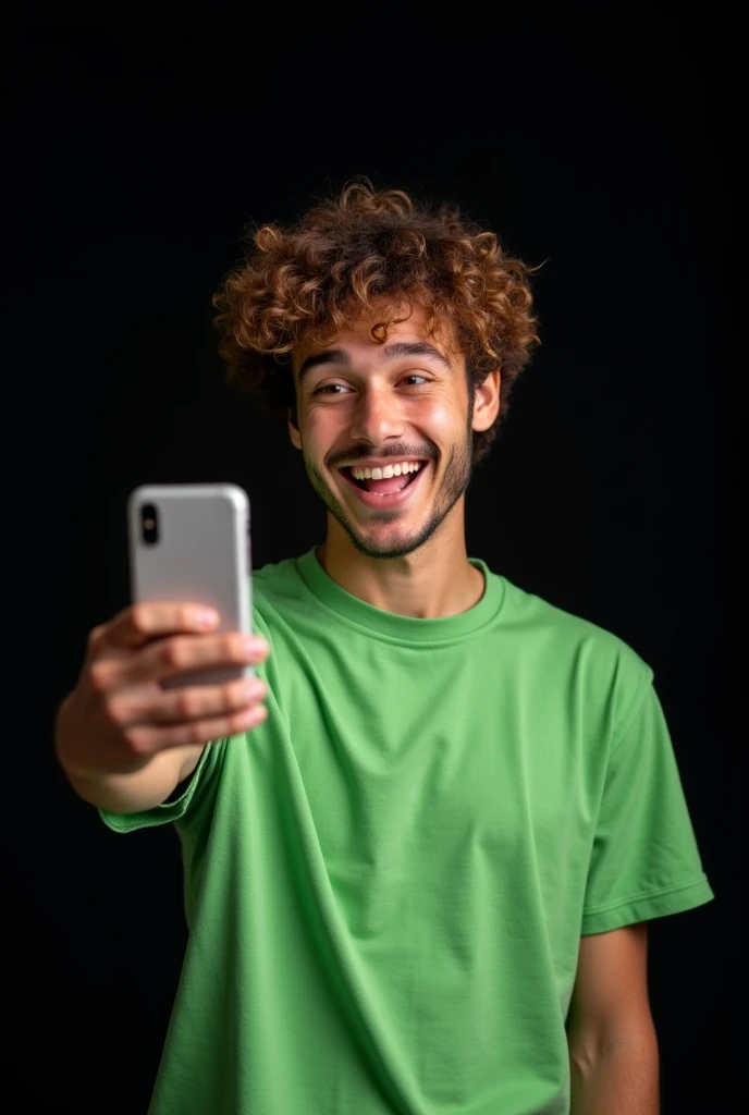 The image shows a young man with curly hair, smiling and holding up a smartphone . He is wearing a green t-shirt and appears to be happy and excited. The background is black