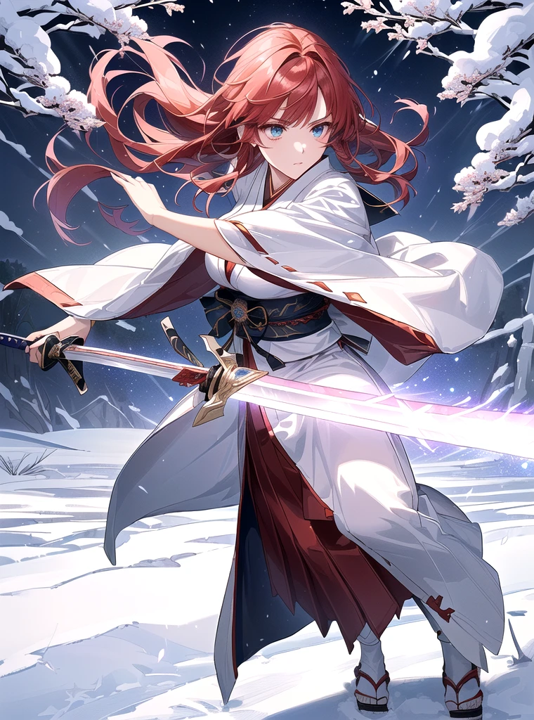 Woman stepping forward with sword in snow, Female Action Anime Girl, anime wallpaper 4k, anime wallpaper 4k, Anime Style 4k,, Amazing anime 8k, Female Anime Characters, Female protagonist 👀 :8. Highest Quality、High resolution、8k、masterpiece、((Anime Style))、 Vibrant colors、World-class professional animators、 (Beautiful Face、Beautiful Eyes、Beautiful Nose、Beautiful Lips)、 Sharp Focus、Bright colors、Cinema Lighting、 Sparkling eyes、(Better Hands and Fingers)、Focus Girl、 1 girl、Red hair、Red Eye、 ((Short Layered Hair))、Serious expression、 Swordsman、Shrine maiden、Large Breasts、Shrine maiden服、Hakama、Sandals、(Japanese sword)、 Snow Mountain、Snowfield、Trees、Cloudy、View from the front、 ((Sword Drawing Technique、Iaido、Swordsmanship))、 (Right foot step)、Empty Scabbard、Japanese swordを手に持つ、 Thunder Effect、横にchopり払い、Dynamic Action、 (Lightning-charged sword)、(刀で横薙ぎにchopる)、 (He swung the sword with his right hand.)、Impressive、chop、 Intricate details、Perfect Anatomy、Action Scenes、 (((The final scene is depicted as the girl slashes the sword sideways with great force.。The sword cuts through the air、Leaves a visible arc or trail that accentuates the speed and power of the attack。)))、 (((The final scene is depicted as the girl slashes the sword sideways with great force.。The sword cuts through the air、Leaves a visible arc or trail that accentuates the speed and power of the attack。)))、