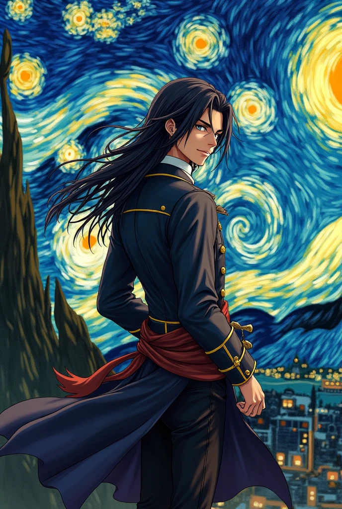 Ryusui Nanami from Doctor Stone with his pirate clothes and his long hair turning his back with Van Gogh's starry night in the background