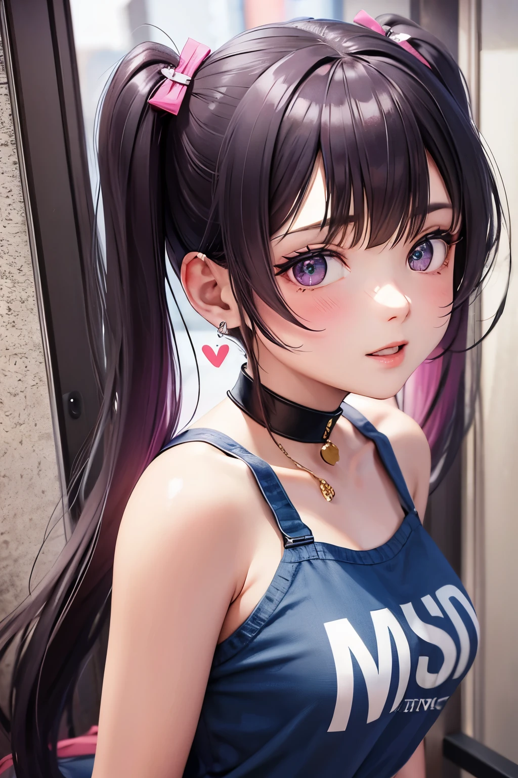 masterpiece, best quality, highly detailed, high resolution, expensive resolution, high resolution, 4k, 8k, uniform 8k wallpaper, highly detailed CG, masterpiece, 2d, 3d, beautiful details, depth, fine texture, best quality: 1.3, perfectly focused, crispy. skin, him, very cute anime girl, name is Mei, short twintails, idol, tank top, denim mini skirt, pink short twintails wearing expensive, mole under eye, looking at the viewer, expensive, blush, mole, parted lips, pink eyes, heart shaped choker, smiling face