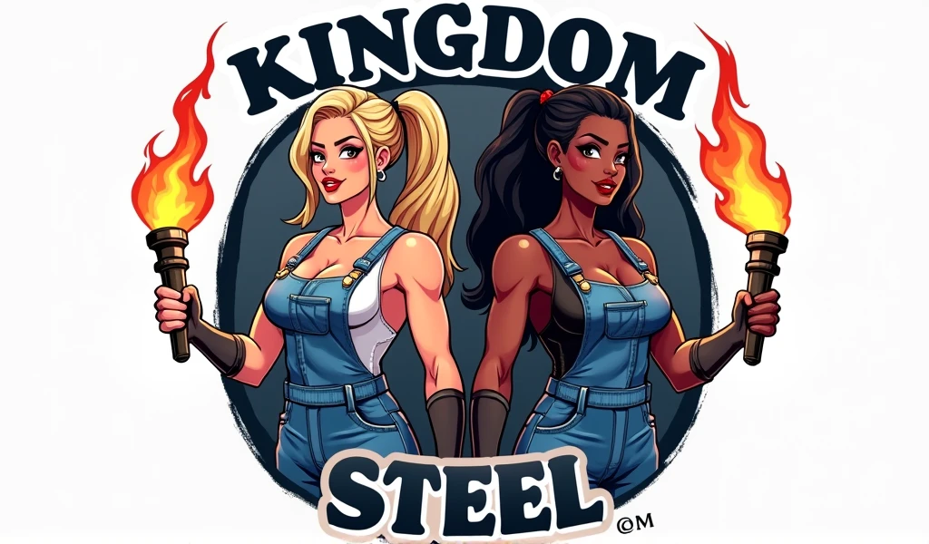 Make a big logo and write kingdom steel with two women, one sexy blonde Asian woman with big breasts wearing denim overalls holding a welding torch and the other sexy black woman with big breasts wearing denim overalls holding a welding torch